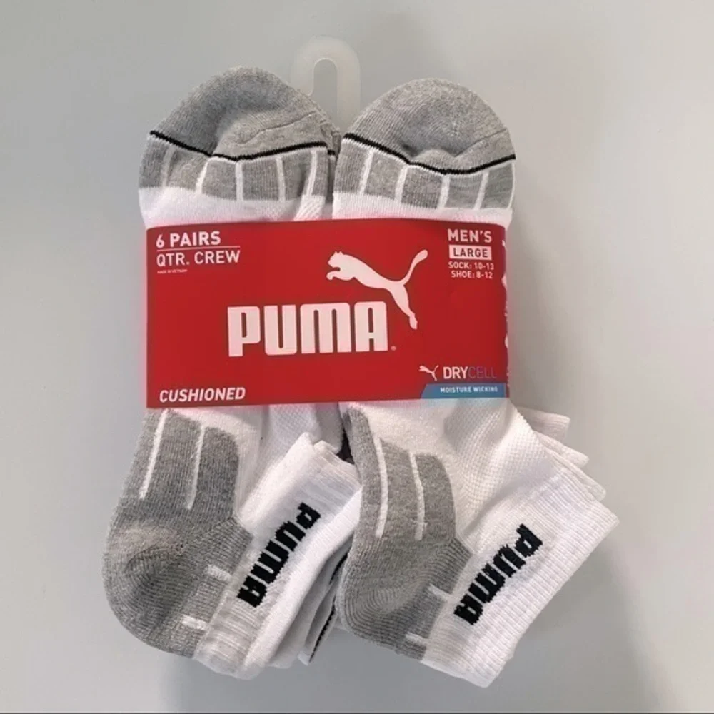 Puma men’s quarter crew socks 6 pack size 8-12 white gray black